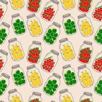 Seamless pattern with set of jars with Fruit. Compote. Vector in cartoon style.