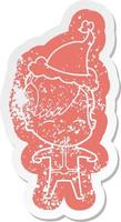 cartoon distressed sticker of a girl wearing futuristic clothes wearing santa hat vector