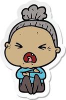 sticker of a cartoon angry old woman vector