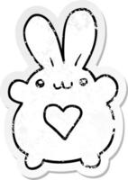 distressed sticker of a cute cartoon rabbit with love heart vector