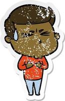 distressed sticker of a cartoon man sweating vector
