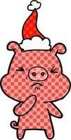 comic book style illustration of a angry pig wearing santa hat vector