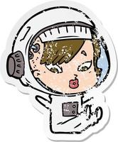 pegatina angustiada de una mujer astronauta de dibujos animados vector