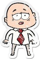 distressed sticker of a cartoon tired bald man in shirt and tie vector