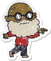 distressed sticker of a cartoon worried man with beard and spectacles pointing finger vector