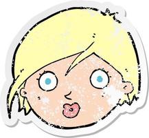 retro distressed sticker of a cartoon surprised female face vector