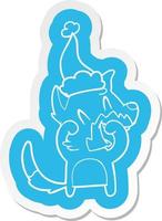 laughing fox cartoon  sticker of a wearing santa hat vector