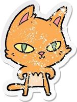 pegatina angustiada de un gato de dibujos animados mirando fijamente vector