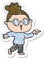 distressed sticker of a cartoon woman wearing spectacles vector