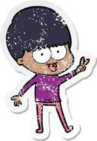 distressed sticker of a happy cartoon boy waving vector