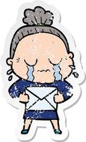 distressed sticker of a cartoon old woman crying with letter vector