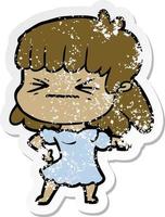 distressed sticker of a cartoon angry girl vector