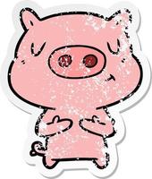 distressed sticker of a cartoon content pig vector