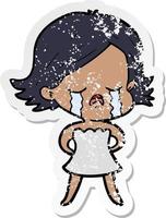 distressed sticker of a cartoon girl crying vector