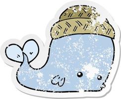 distressed sticker of a cartoon whale wearing hat vector