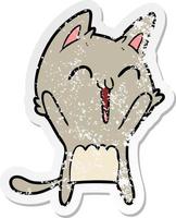 distressed sticker of a happy cartoon cat meowing vector