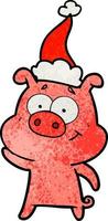 happy textured cartoon of a pig wearing santa hat vector