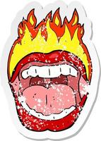 pegatina retro angustiada de un símbolo de boca en llamas de dibujos animados vector