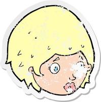 retro distressed sticker of a cartoon girl with concerned expression vector