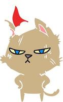 tough flat color illustration of a cat wearing santa hat vector