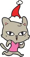 line drawing of a cat out for a run wearing santa hat vector