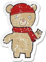 retro distressed sticker of a cartoon waving teddy bear vector