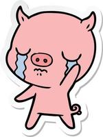 sticker of a cartoon pig crying waving goodbye vector