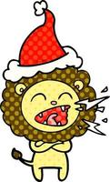 comic book style illustration of a roaring lion wearing santa hat vector
