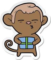 sticker of a cartoon suspicious monkey with present vector