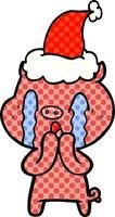 crying pig comic book style illustration of a wearing santa hat vector