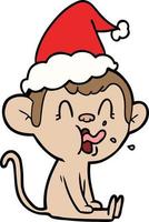 crazy line drawing of a monkey sitting wearing santa hat vector
