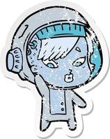 distressed sticker of a cartoon astronaut woman vector