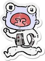 distressed sticker of a cartoon weird alien running away vector