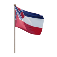 Mississippi 3D-Darstellung Flagge auf der Stange. Fahnenmast aus Holz png