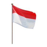 Indonesia 3d illustration flag on pole. Wood flagpole png