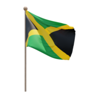 Jamaika 3D-Darstellung Flagge auf der Stange. Fahnenmast aus Holz png
