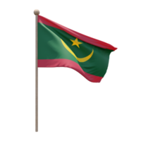 Mauretanien 3D-Darstellung Flagge auf der Stange. Fahnenmast aus Holz png