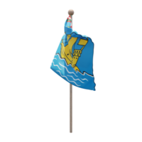 Saint Pierre und Miquelon 3D-Illustration Flagge auf der Stange. Fahnenmast aus Holz png