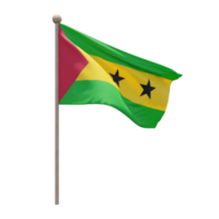 Sao Tome und Principe 3D-Darstellung Flagge auf der Stange. Fahnenmast aus Holz png