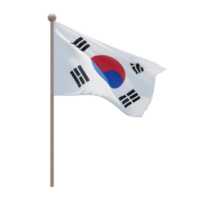 South Korea 3d illustration flag on pole. Wood flagpole png