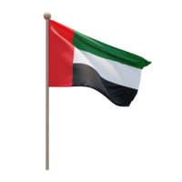 United Arab Emirates 3d illustration flag on pole. Wood flagpole png