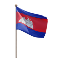 Cambodia 3d illustration flag on pole. Wood flagpole png