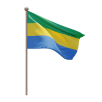 Gabon 3d illustration flag on pole. Wood flagpole png