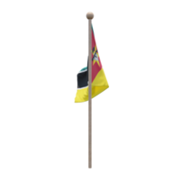 Mozambique 3d illustration flag on pole. Wood flagpole png