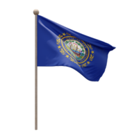 New Hampshire 3D-Darstellung Flagge auf der Stange. Fahnenmast aus Holz png