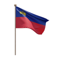 Liechtenstein 3d illustration flag on pole. Wood flagpole png