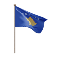 Kosovo 3d illustration flag on pole. Wood flagpole png