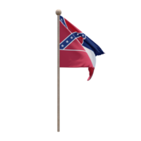 Mississippi 3D-Darstellung Flagge auf der Stange. Fahnenmast aus Holz png