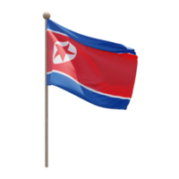 North Korea 3d illustration flag on pole. Wood flagpole png