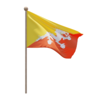 Bhutan 3d illustration flag on pole. Wood flagpole png